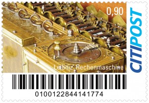 Die Rechenmaschine von Leibniz auf einer Marke der Citipost.