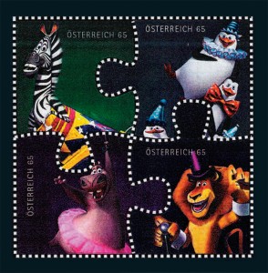Mögliche Marken mit Puzzle-Perforation zum Animationsfilm „Madagascar 3“.