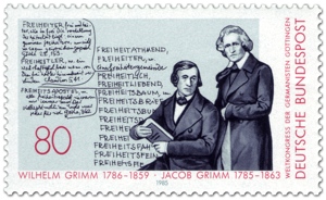 Jacob und Wilhelm Grimm auf Briefmarke zum Germanistenkongress 1985 in Göttingen