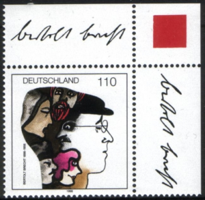 Bertolt Brecht und Figuren aus seinen Theaterstücken zeigt diese Bund-Marke aus dem Jahr 1998.