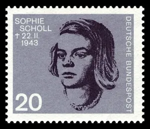 Im Bund-Block zum 20. Jahrestag des Attentats auf Adolf Hitler, der 1964 erschien, war auch diese Briefmarke von Sophie Scholl enthalten.