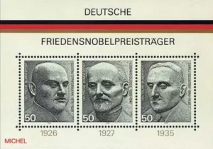Deutschland 1975 Block 11 Briefmarken Gustav Stresemann, Ludwig Quidde, Carl von Ossietzky auf einem Briefmarkenblock