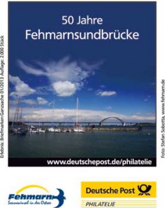 Zudruck der deutschen Ganzsache anlässlich „50 Jahre Fehmarnsundbrücke“.