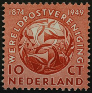 Niederländische Briefmarke von M. C. Escher für 75 Jahre Weltpostverein 1949