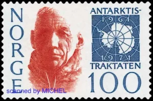 Briefmarke aus Norwegen von 1971, zehn Jahre Antarktis-Abkommen.