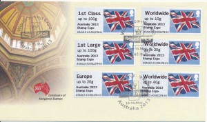 Ersttagsbrief mit ATM „Flagge“ zur „Australia 2013 Stamp Expo“ – da fehlt das Wort „World“.