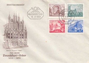 Ersttagsbrief mit allen vier Werten der Serie zum 700. Geburtstag der Stadt Frankfurt (Oder).