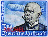 Graf Zeppelin auf Luftpostmarke 1934 ehrte das Deutsche Reich Ferdinand von Zeppelin auf dem Höchstwert der Luftpost-Dauerausgabe, MiNr. 539 (Abb. Schwaneberger Verlag).