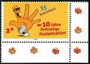 Deutschland 2003 Briefmarke Postleitzahlen MiNr. 2344 1993 erschien Rolf nicht auf der Sondermarke zur Einführung der neuen Postleitzahlen, MiNr. 1659. Erst 2003 erfuhr sein Werben philatelistische Würdigung, MiNr. 2344.