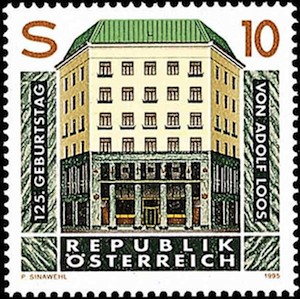 Das Loos-Haus in Wien auf Briefmarke zum 125. Geburtstag von Adolf Loos.