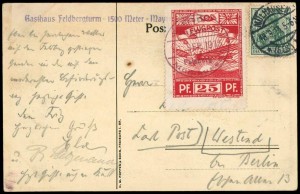 Ansichts-Postkarte mit Flugmarke 10, gestempelt am 11. September 1913, und Germania-Frankatur mit amtlicher Entwertung vom 18. September.