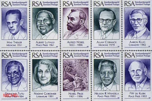 Suedafrika Briefmarken Nobelpreis Nadine Gordimer - 1025-1034 1996 porträtierte ein südafrikanischer Block Nadine Gordimer unter anderem neben Desmond Tutu und Nelson Mandela, MiNr. 1025-1034 (Abb. Schwaneberger Verlag).
