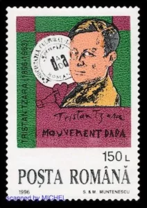 Tristan Tzara auf Briefmarke aus Rumänien von 1996