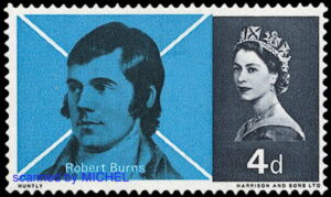 Stilecht vor der schottischen Fahne porträtierte die Royal Mail 1966 Robert Burns, MiNr. 408 (alle Abb. Schwaneberger Verlag).
