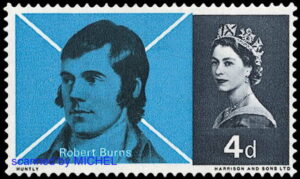 Grossbritannien 1966 Briefmarke Robert Burns MiNr. 408 Stilecht vor der schottischen Fahne porträtierte die Royal Mail 1966 Robert Burns, MiNr. 408 (alle Abb. Schwaneberger Verlag).