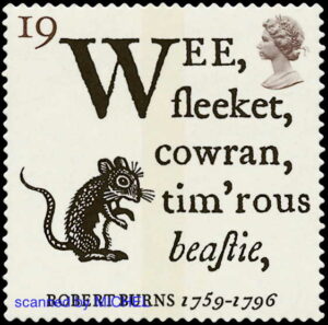 Grossbritannien 1996 Briefmarke Robert Burns An eine Maus MiNr. 1601 Robert Burns' Gedichte waren Thema einer Ausgabe zum 200. Todestag. Abgebildet ist die Marke zum Gedicht „An eine Maus“, MiNr. 1601.