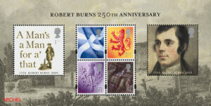 Block zum 250. Geburtstag des Dichters, 2009. In der Mitte finden sich sogenannte Regionalmarken, die schon zuvor erschienen waren. Neu kamen die Marken zu Ehren Burns in Umlauf, MiNr. 2705-2706, Block 48.