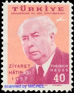 Theodor Heuss auf Briefmarke der Tuerkei 1957 Theodor Heuss auf Briefmarke der Tuerkei 1957