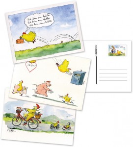 Anschaulich dokumentiert Peter Gaymann die postalischen Aktivitäten der Hühner.