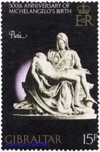 Pieta von Michelangelo auf Briefmarke Gibraltars von 1975