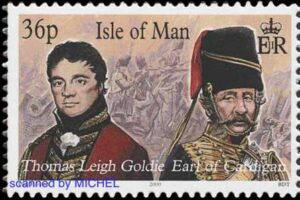 Die britischen Generäle Thomas Leigh Goldie und James Thomas Brudenell auf einer Briefmarke der Insel Man, MiNr. 866.