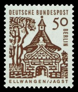 Das Schlosstor in Ellwangen auf Briefmarke der Deutschen Post aus dem Jahr 1964, MiNr. 246.  