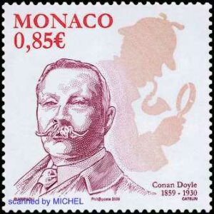 Zum 150. Geburtstag erschienen Holmes und sein Schöpfer in Monaco auf einer Briefmarke, MiNr. 2932.