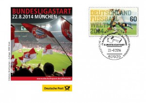 Schmuckumschlag Erlebnis Briefmarken-Team Fussball-Bundesliga Saisonauftakt 2014 Fußball-Anhänger werden sicher sofort sagen können, bei welchem Spiel das Foto des Schmuckzudruckes entstand.
