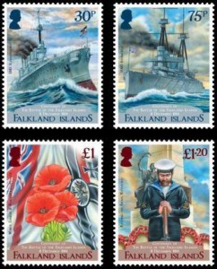 Seegefecht des Ersten Weltkrieges bei Falklandinseln auf Briefmarken