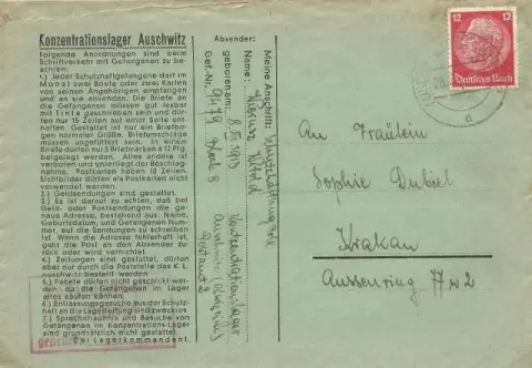 Früher Häftlingsbrief vom 28. Februar 1941 aus dem KZ-Stammlager Auschwitz mit Abdruck von sieben Vorschriften aus der Lagerordnung sowie Stempel der Postzensur.