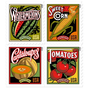 Obst und Gemüse der Sommerente in den USA auf Briefmarken
