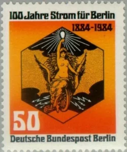 Eine Gedenkmarke zu „100 Jahre Strom für Berlin“ mit der Grafik von Ludwig Sütterlin erschien 1984 (MiNr. 720).