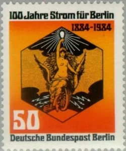 Eine Gedenkmarke zu „100 Jahre Strom für Berlin“ mit der Grafik von Ludwig Sütterlin erschien 1984 (MiNr. 720). Eine Gedenkmarke zu „100 Jahre Strom für Berlin“ mit der Grafik von Ludwig Sütterlin erschien 1984 (MiNr. 720).