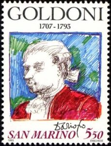 Carlo Goldoni gezeichnet von Dario Fo auf Briefmarke von San Marino