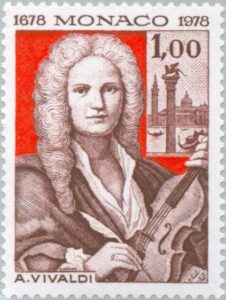 Die Briefmarke aus Monaco von 1978 zeigt Antonio Vivaldi mit Violine und Schreibfeder 