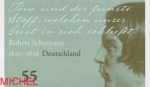 Briefmarke aus Deutschland von 2010 mit dem Porträt Robert Schumanns und einem Zitat des Komponisten