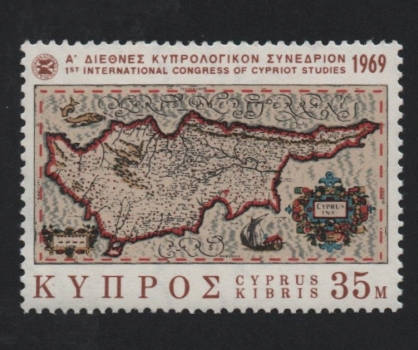 Mittelalterliche Landkarten Zyperns, abgebildet auf Sondermarke von 1969, MiNr. 318. Im 16. Jahrhundert sorgten die Venezianer für Postbeförderung in diesem Gebiet.