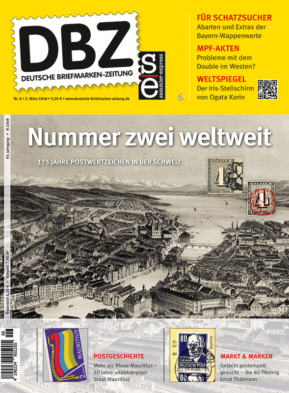 DBZ Deutsche Briefmarken Zeitung Maerz 2018 3 Postwertzeichen Pwz Schweiz Blaue Mauritius (1)