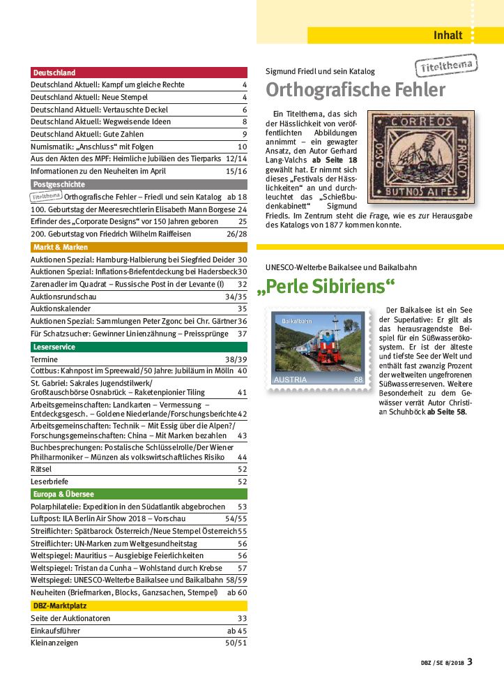 Inhalt Deutsche Briefmarken Zeitung 8-2018