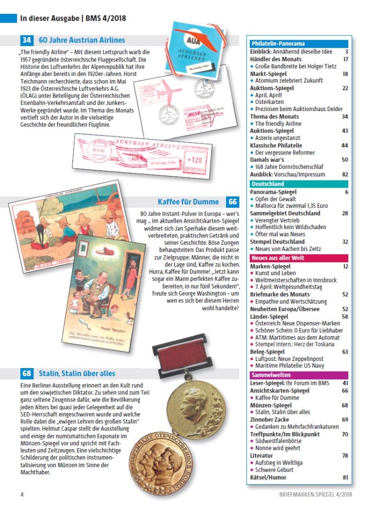 inhalt Briefmarken Spiegel 4 2018 April Flugpost Oesterreich