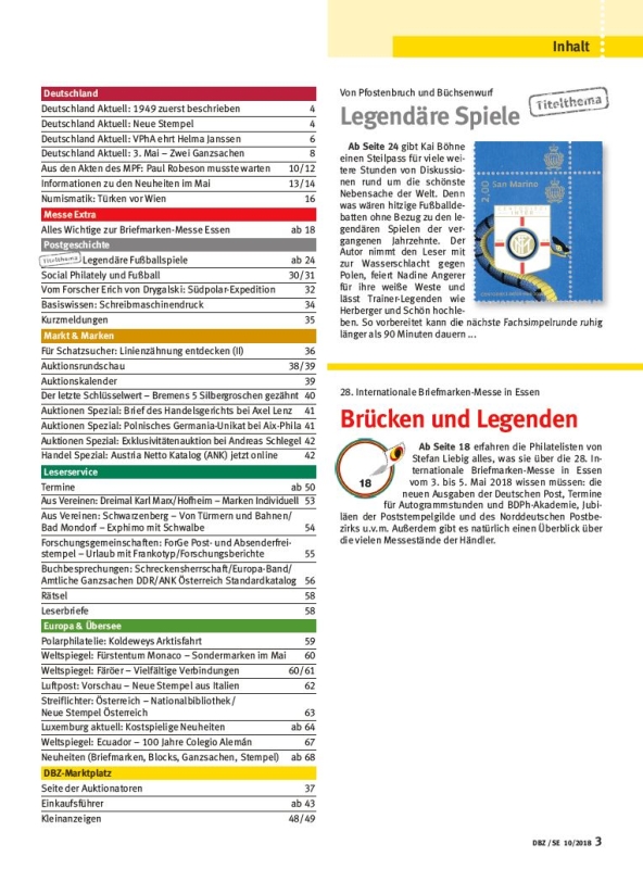 DBZ 10-2018 Deutsche Briefmarken Zeitung Inhalt