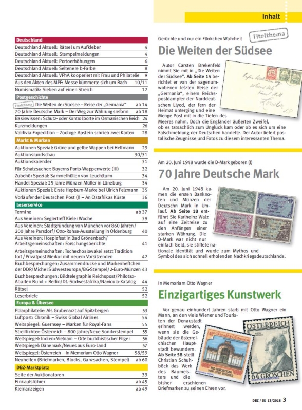 DBZ Deutsche Briefmarken Zeitung Titel Suedsee Reichspost Dampfer Germania