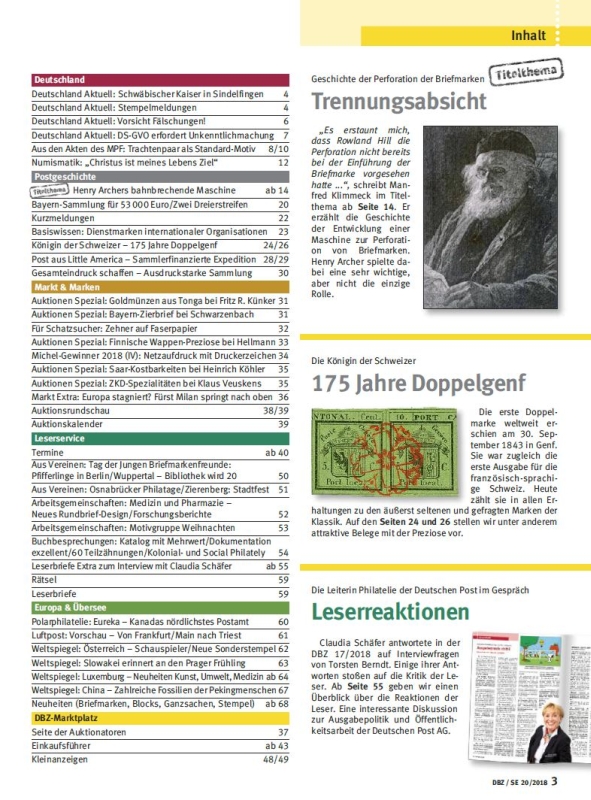 Titelbild Deutsche Briefmarken-Zeitung 20/2018 Inhaltsverzeichnis