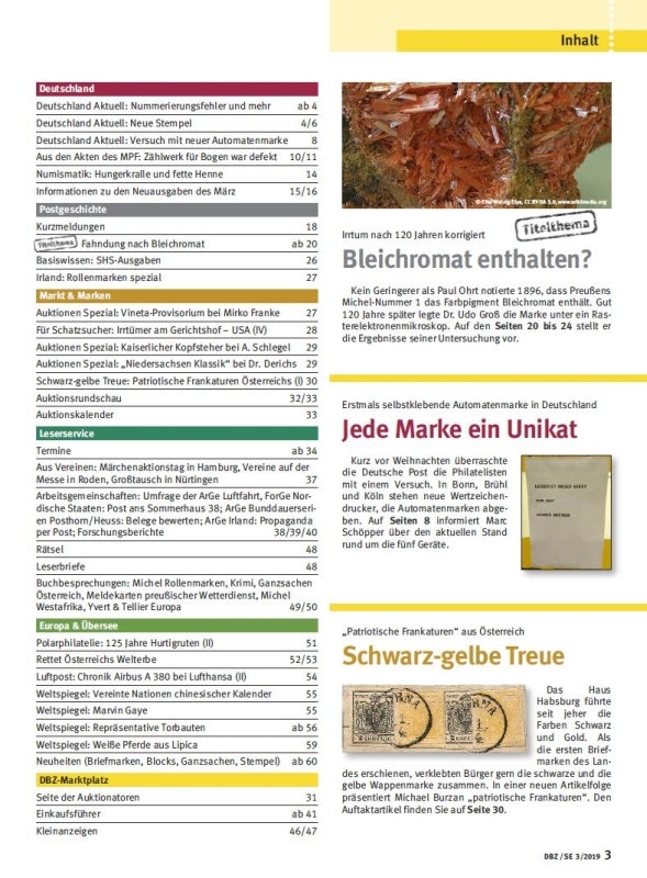 DBZ_03-19_Inhalt Fahndung Deutsche Briefmarken Zeitung Chemie