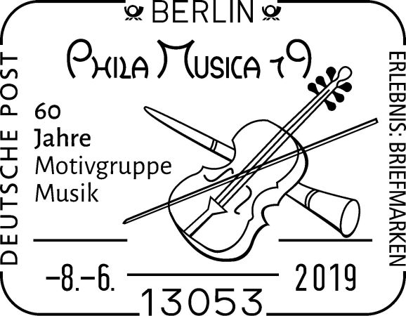 Sonderstempel der Deutschen Post zum 60jährigen Bestehen der Motivgruppe Musik auf der Exphimo 2019.