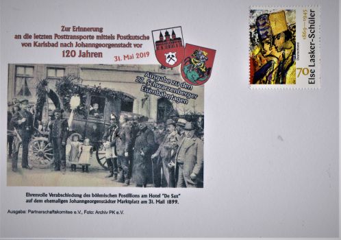 Philatelistischer Sonderumschlag mit dem Zudruck der historischen letzten Postkutsche auf der Strecke von Johanngeorgenstadt nach Karlsbad am 30. Mai 1899.?