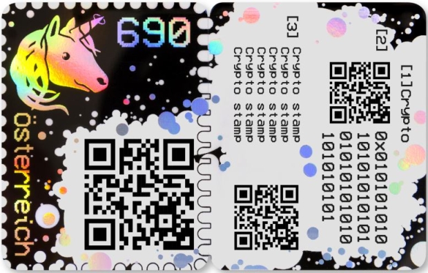 Oesterreich verausgabt erste Krypto Briefmarke mit Blockchain Technologie und Motiv Einhorn