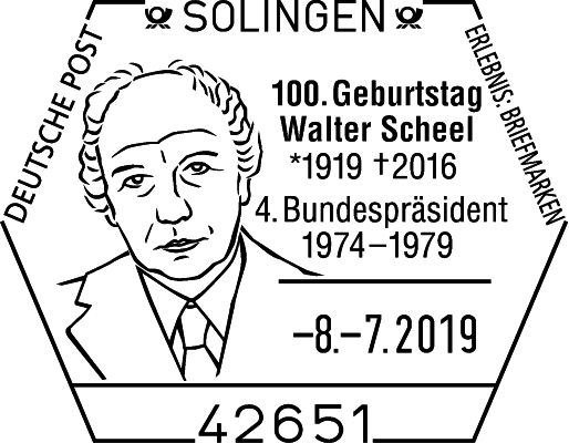 Der Sonderstempel wird am 8. Juli 2019 im Rathausfoyer Solingen abgeschlagen. 