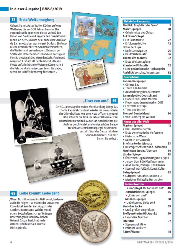 Briefmarken Spiegel 8 2019 Weltumseglung Magellan Jaehn Raumfahrt
