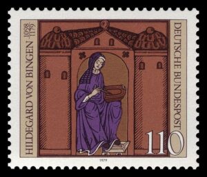 Darstellung Hildegard von Bingens auf einer deutschen Briefmarke, MiNr.: 1018.
